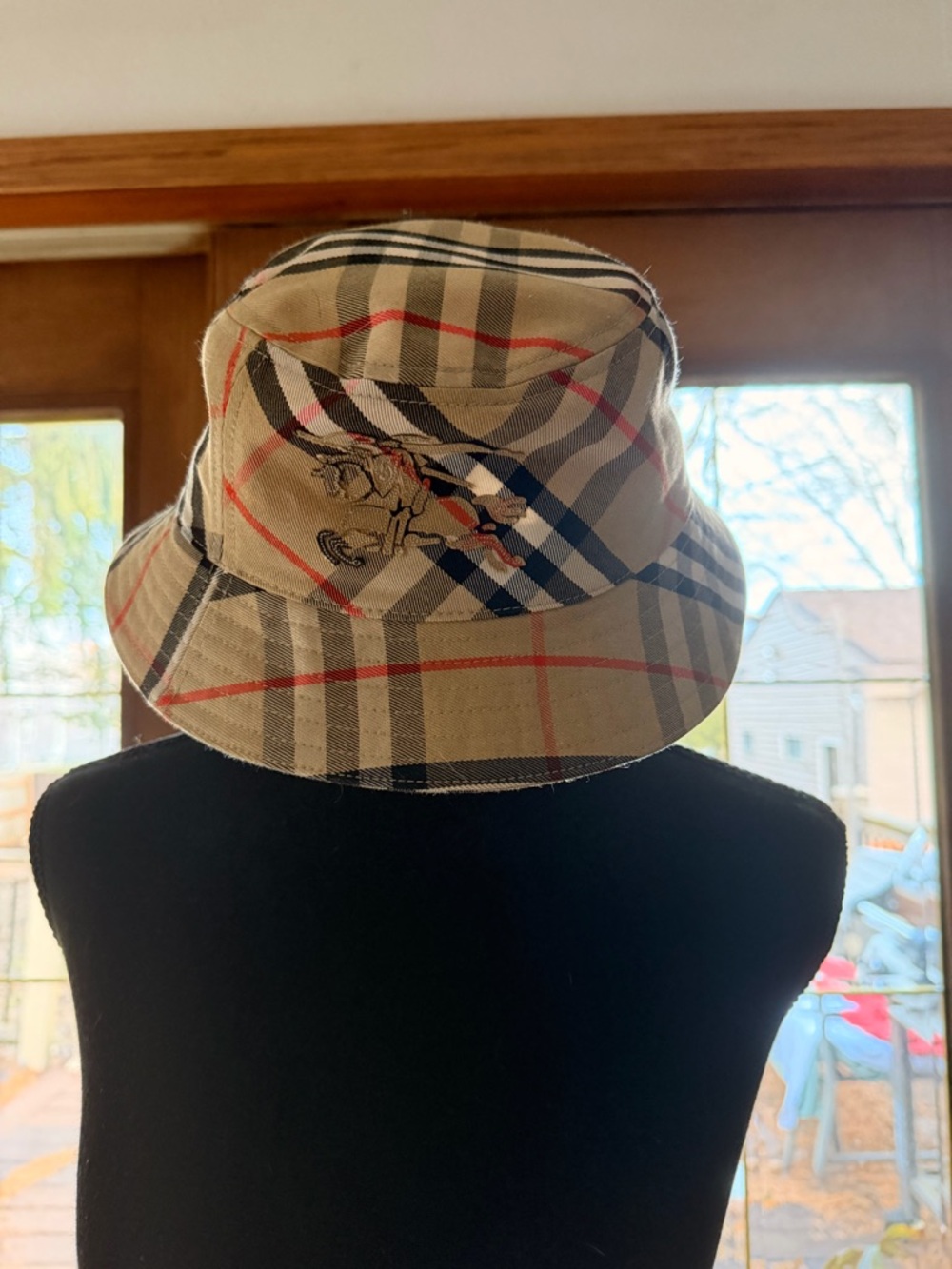 Burberry Beige Plaid Bucket Hat with Black and Red Accents